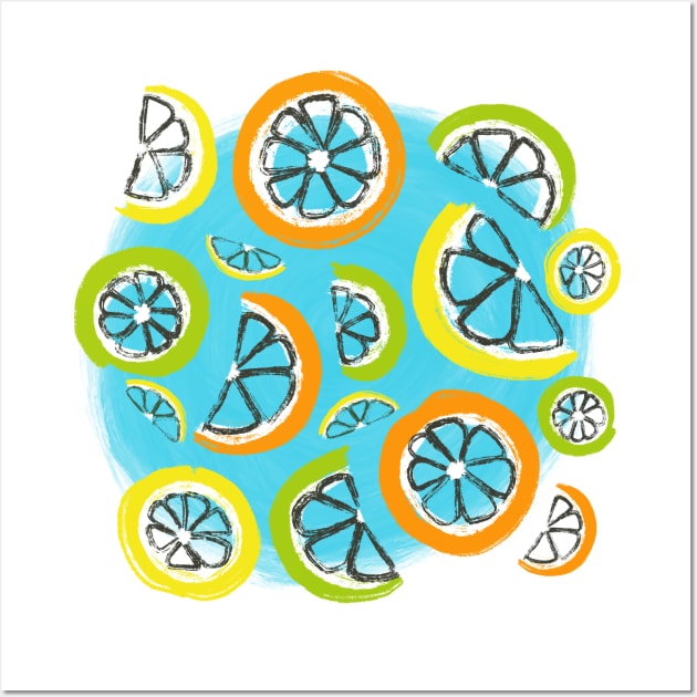 Refreshing orange, lemon, and lime slices on a sky blue painted circle Wall Art by HeartLiftingArt